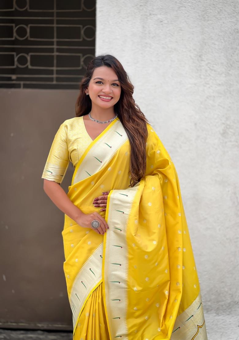 Yellow Woven Silk Blend Saree Set - Indya