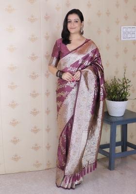 Coral Woven Silk Blend Saree Set