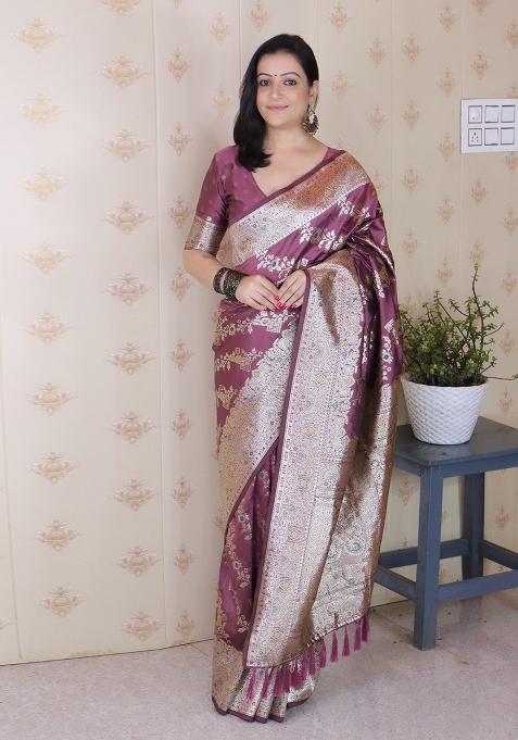 Coral Woven Silk Blend Saree Set