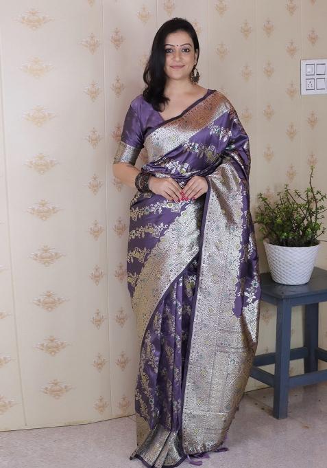 Lavender Woven Silk Blend Saree Set