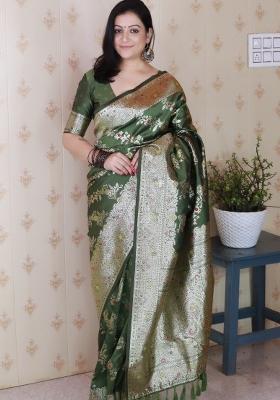 Green Woven Silk Blend Saree Set
