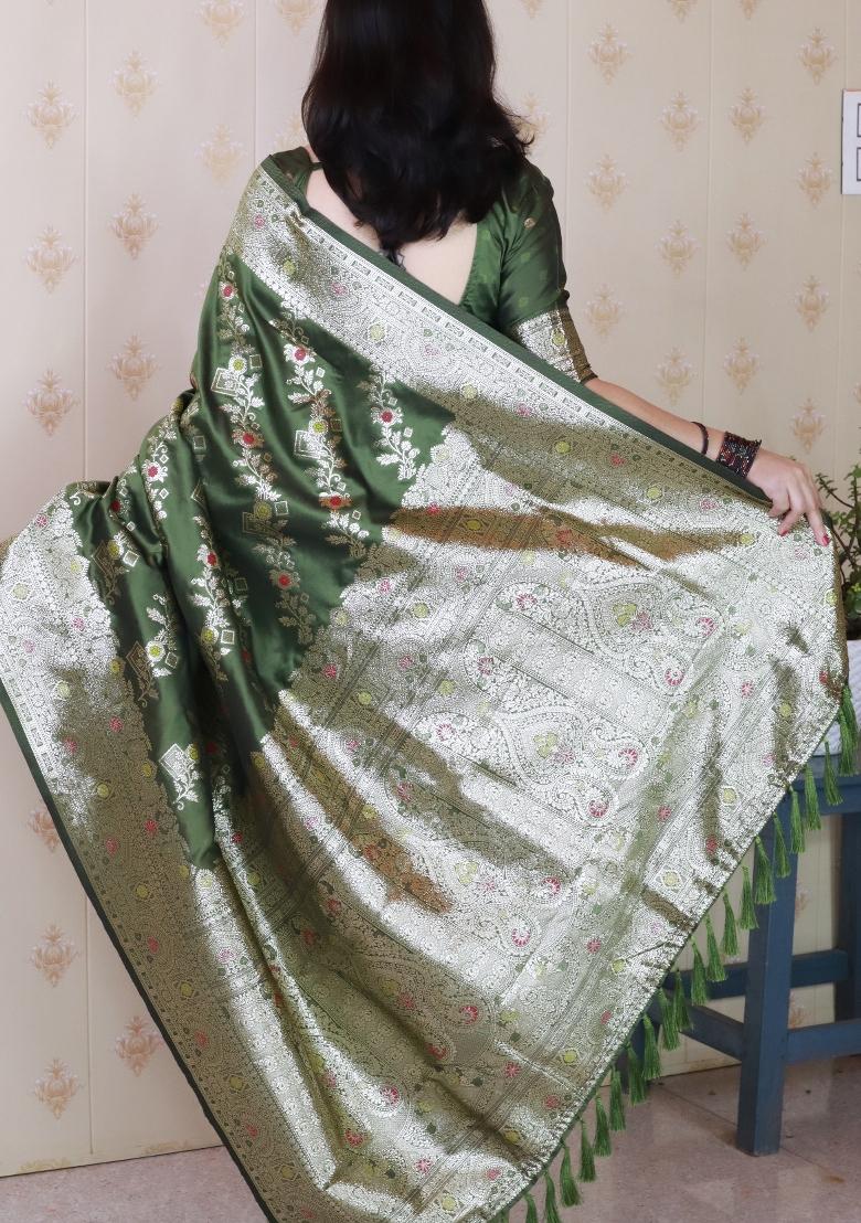 Green Woven Silk Blend Saree Set - Indya
