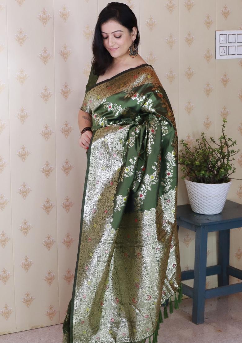 Green Woven Silk Blend Saree Set - Indya