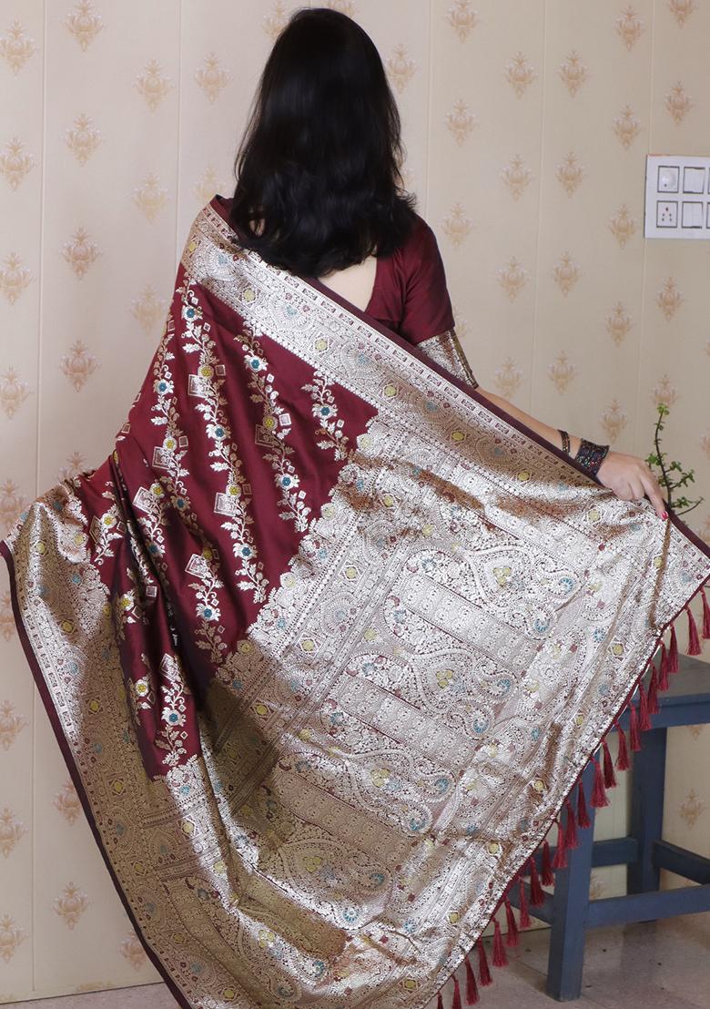 Maroon Woven Silk Blend Saree Set - Indya