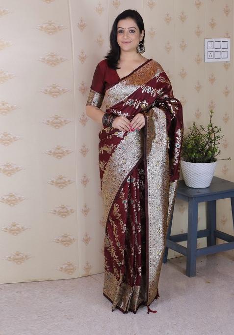 Maroon Woven Silk Blend Saree Set