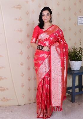 Pink Woven Silk Blend Saree Set