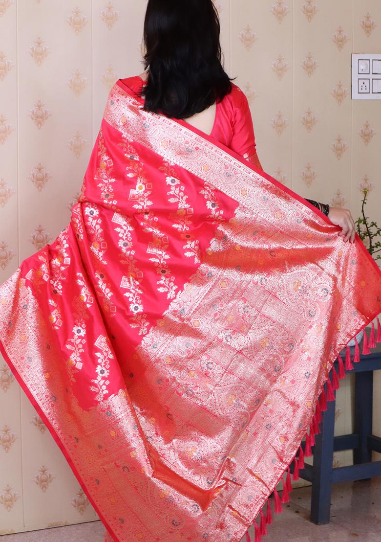 Pink Woven Silk Blend Saree Set - Indya