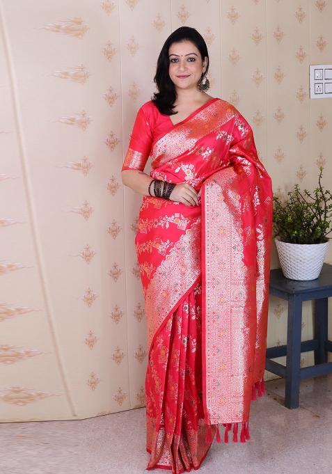 Pink Woven Silk Blend Saree Set