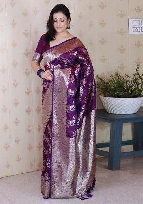Purple Woven Silk Blend Saree Set