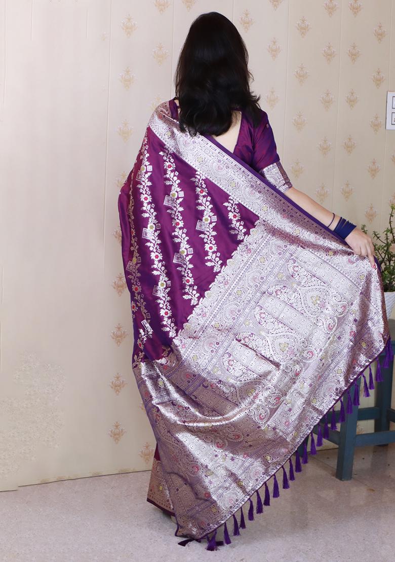 Purple Woven Silk Blend Saree Set - Indya
