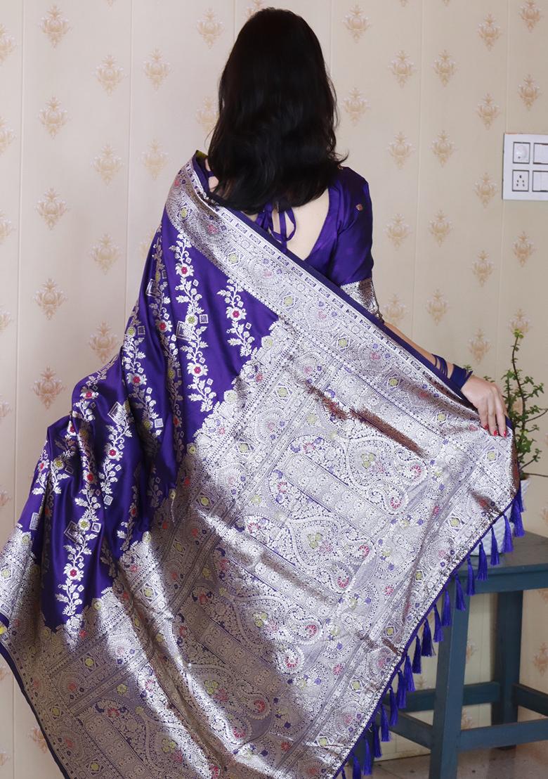 Blue Woven Silk Blend Saree Set - Indya