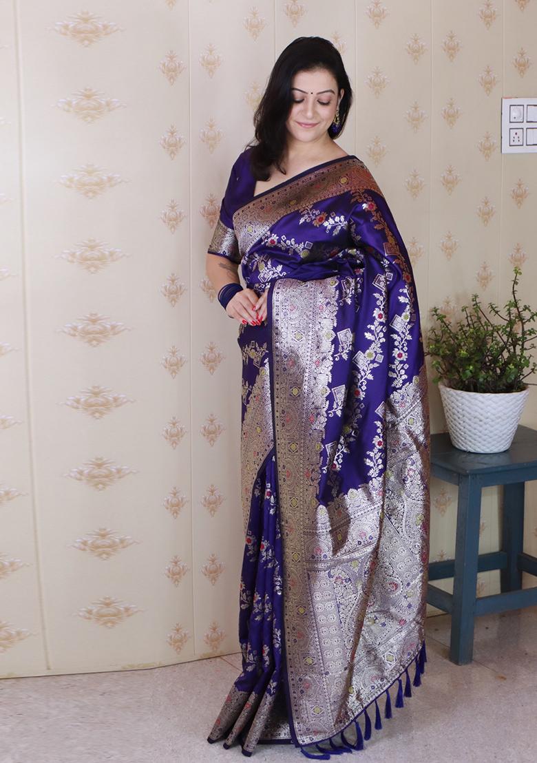Blue Woven Silk Blend Saree Set - Indya