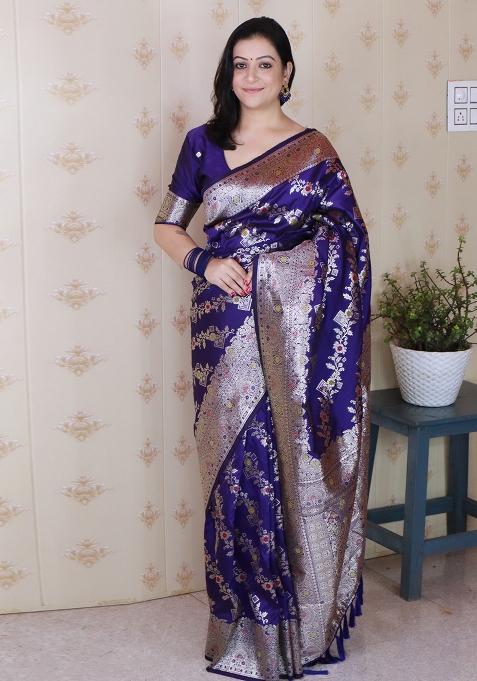 Blue Woven Silk Blend Saree Set
