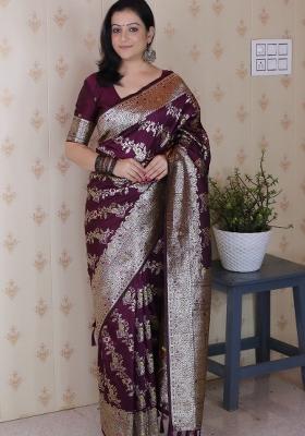 Wine Woven Silk Blend Saree Set