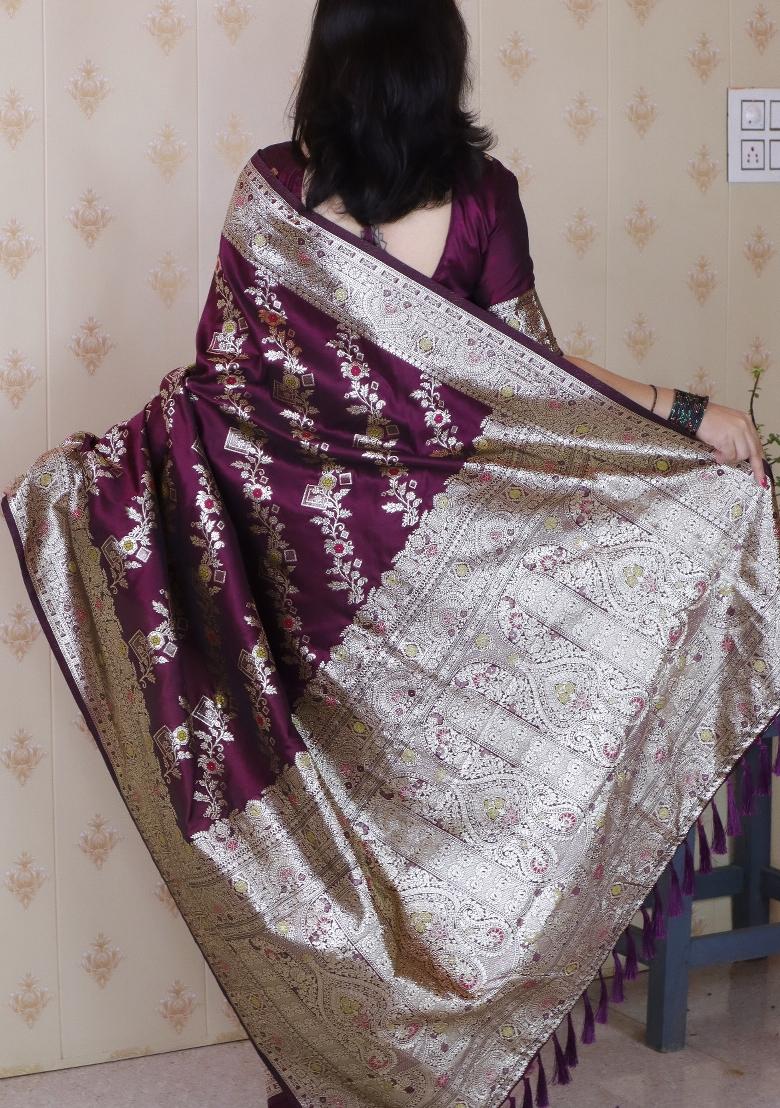 Wine Woven Silk Blend Saree Set - Indya