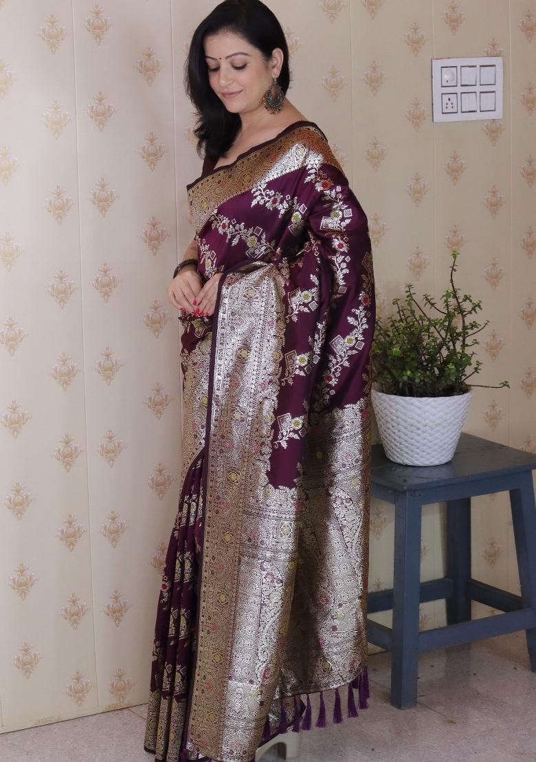 Wine Woven Silk Blend Saree Set - Indya
