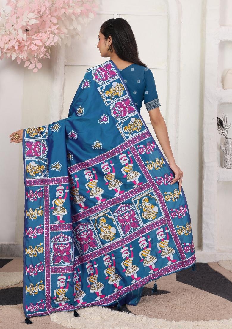 Teal Woven Silk Blend Saree Set - Indya