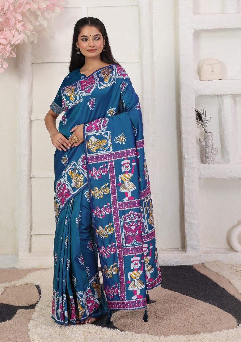 Teal Woven Silk Blend Saree Set - Indya