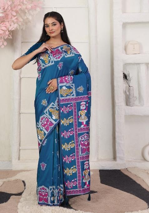 Teal Woven Silk Blend Saree Set