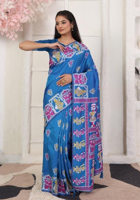 Blue Woven Silk Blend Saree Set
