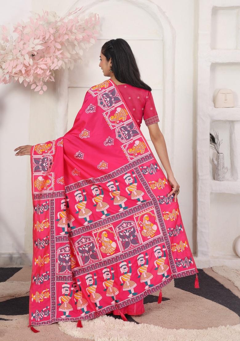 Pink Woven Silk Blend Saree Set - Indya