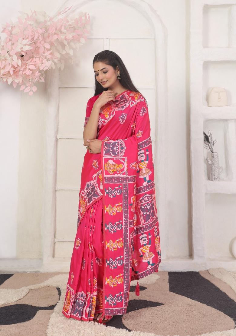 Pink Woven Silk Blend Saree Set - Indya