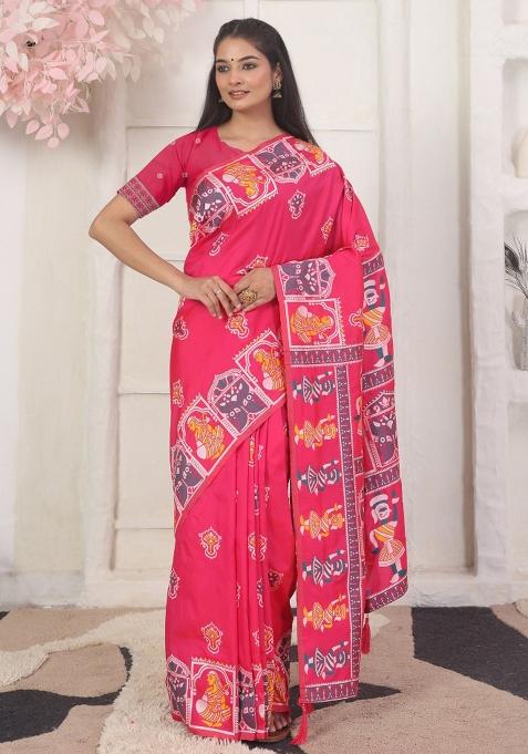 Pink Woven Silk Blend Saree Set