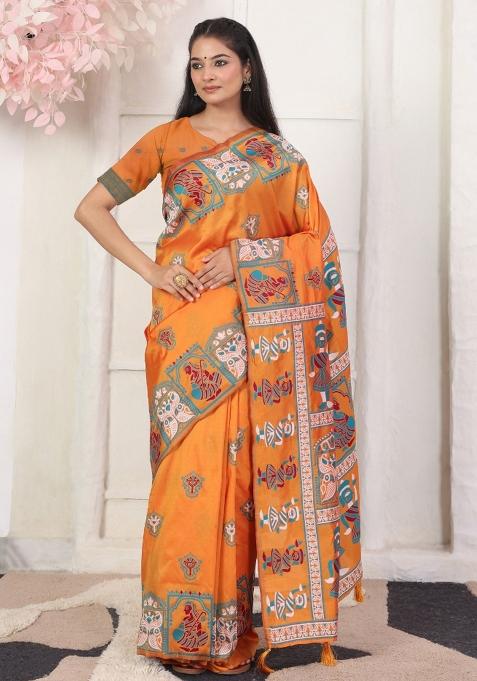Orange Woven Silk Blend Saree Set
