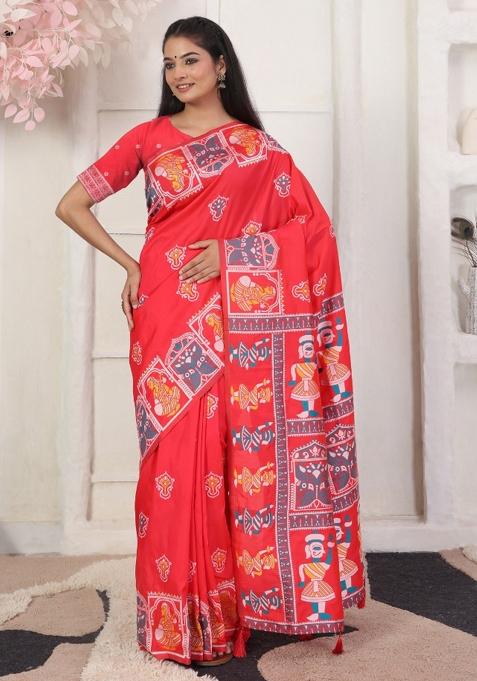 Red Woven Silk Blend Saree Set