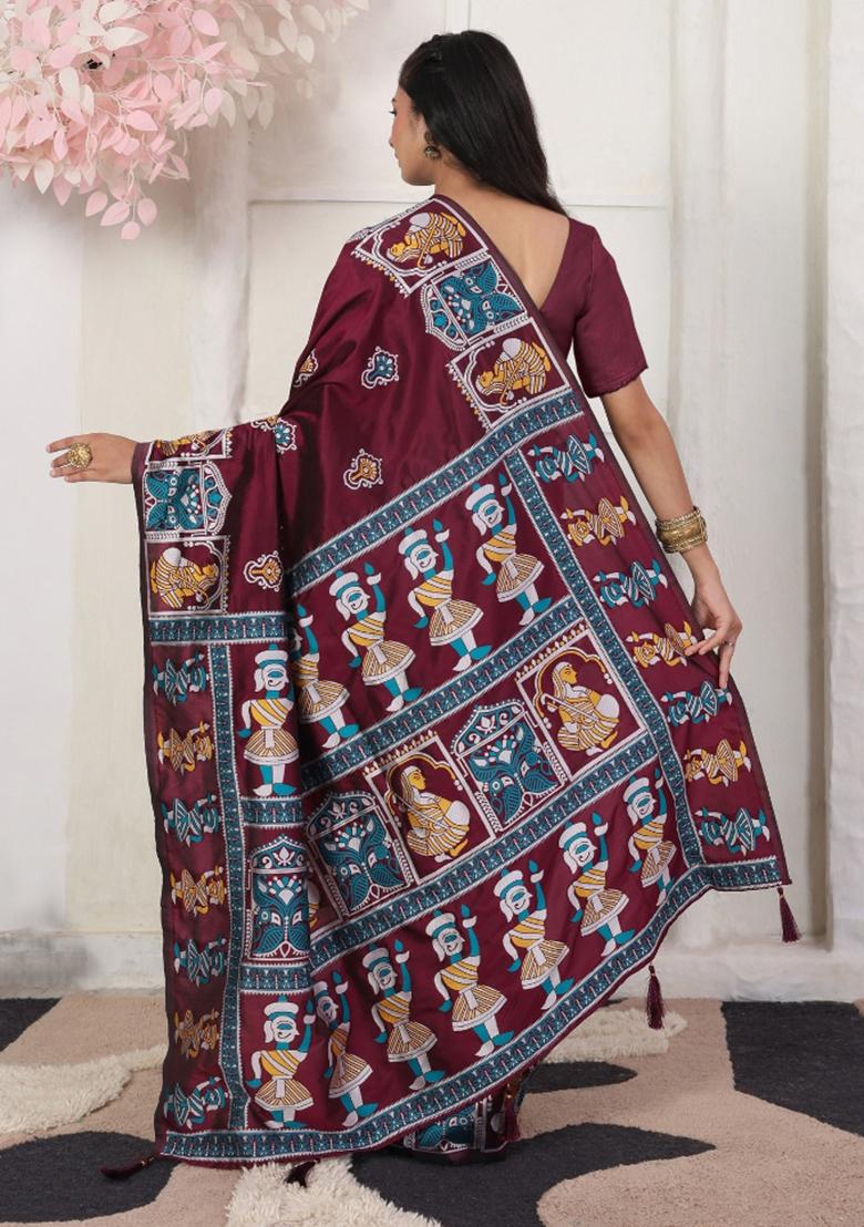 Wine Woven Silk Blend Saree Set - Indya