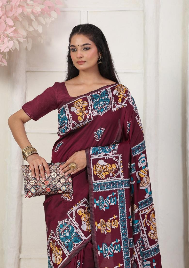Wine Woven Silk Blend Saree Set - Indya