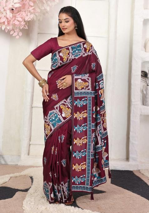 Wine Woven Silk Blend Saree Set