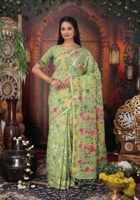 Green Woven Silk Blend Saree Set