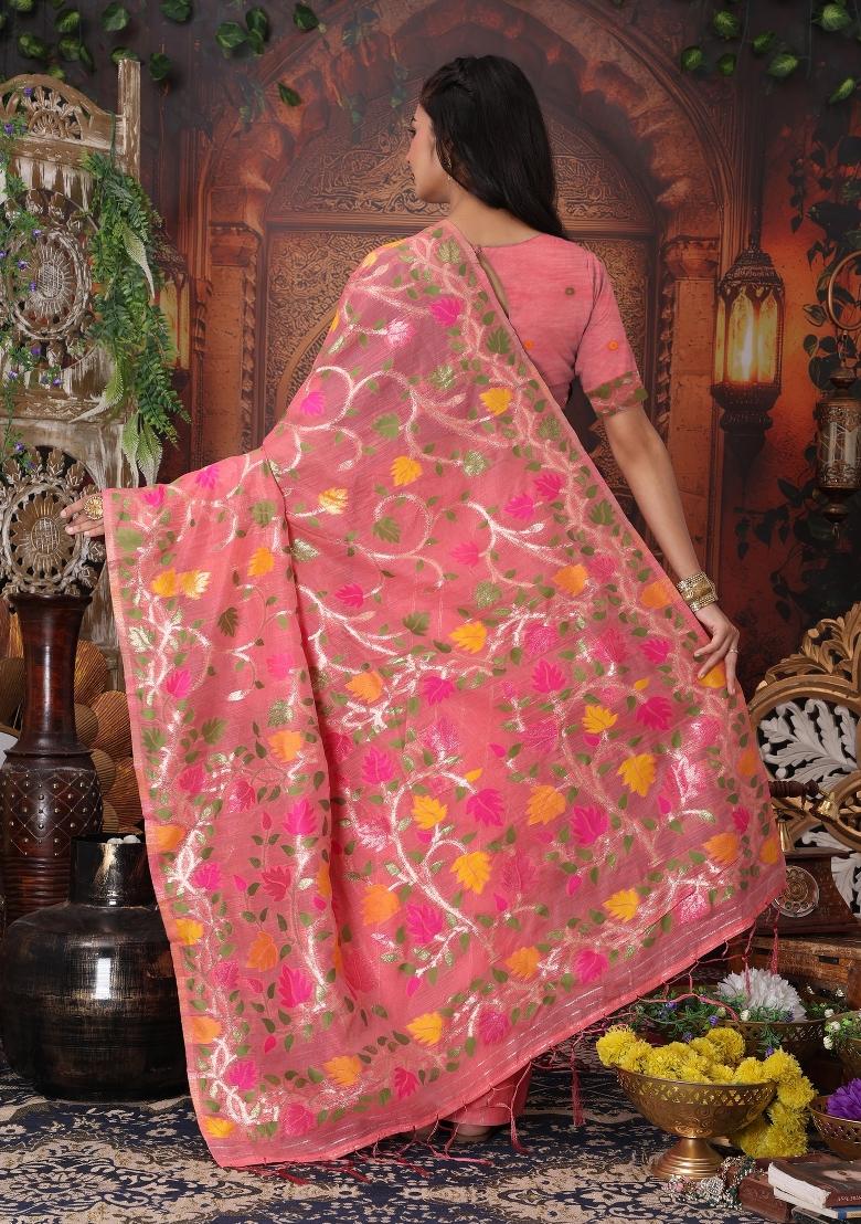 Pink Woven Silk Blend Saree Set - Indya