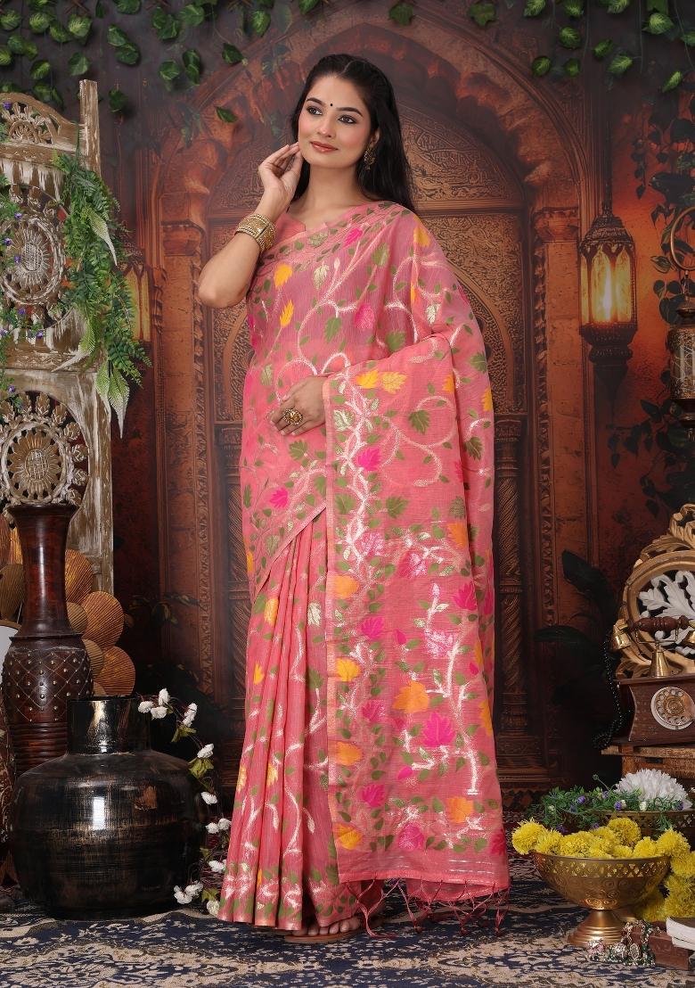 Pink Woven Silk Blend Saree Set - Indya