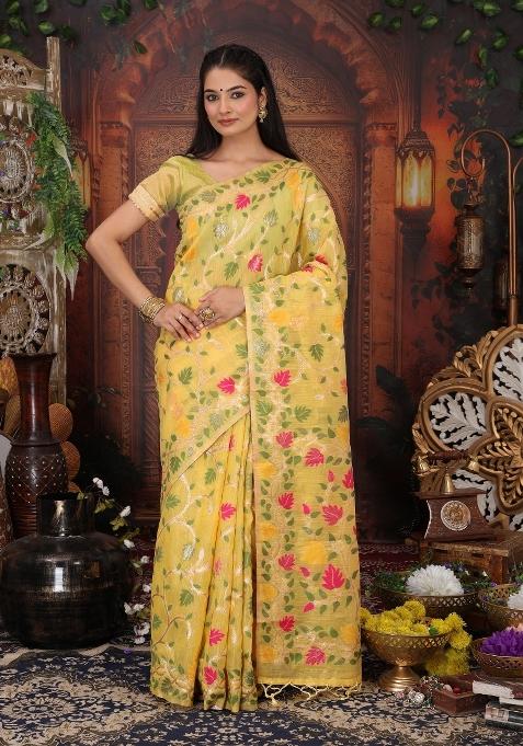 Yellow Woven Silk Blend Saree Set