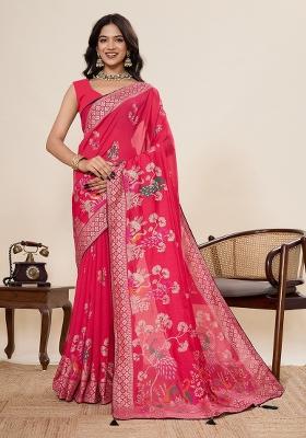 Pink Printed Blended Cotton Saree Set
