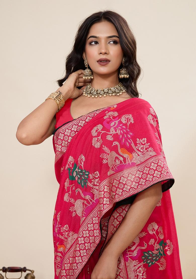 Pink Printed Blended Cotton Saree Set - Indya