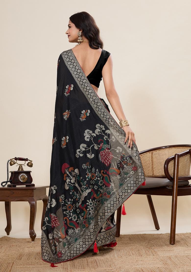 Black Printed Blended Cotton Saree Set - Indya