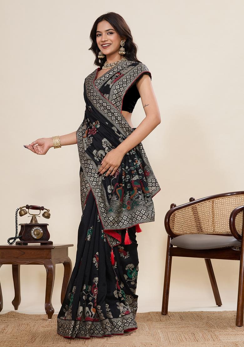 Black Printed Blended Cotton Saree Set - Indya