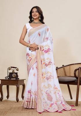 White Printed Blended Cotton Saree Set