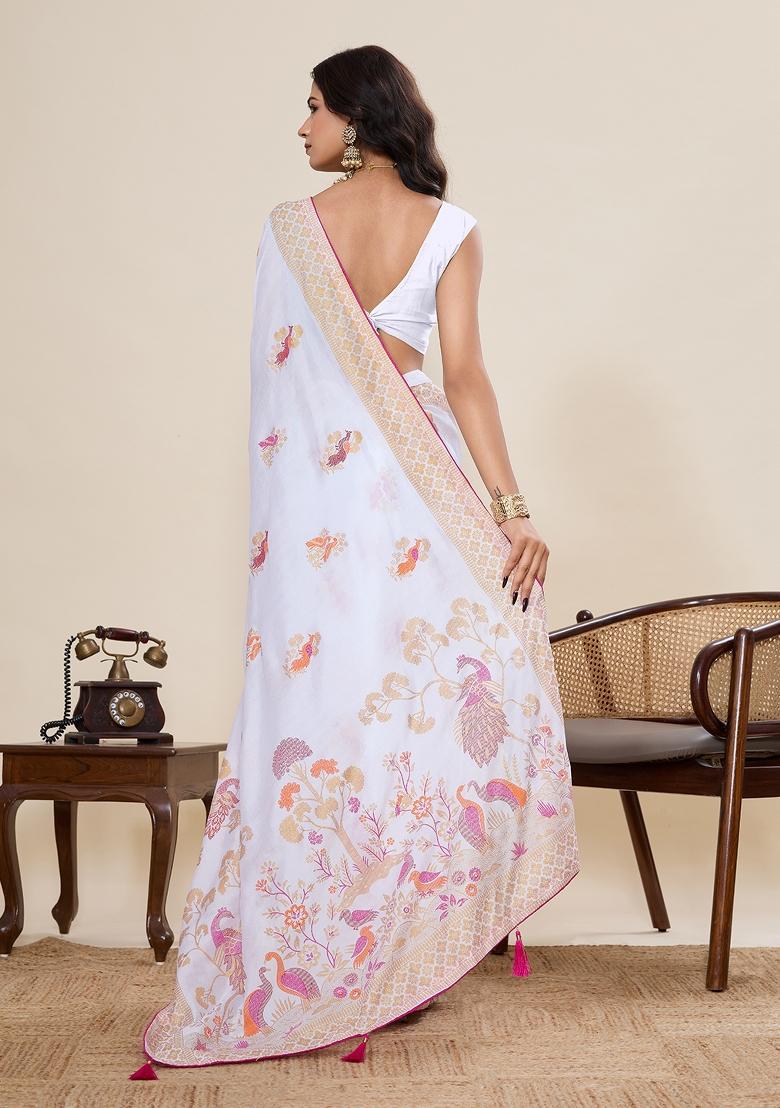 White Printed Blended Cotton Saree Set - Indya