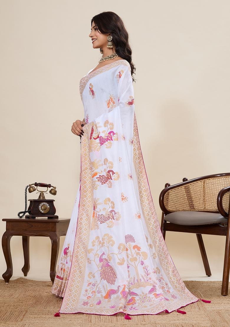 White Printed Blended Cotton Saree Set - Indya