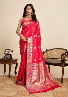 Red Woven Silk Blend Saree Set