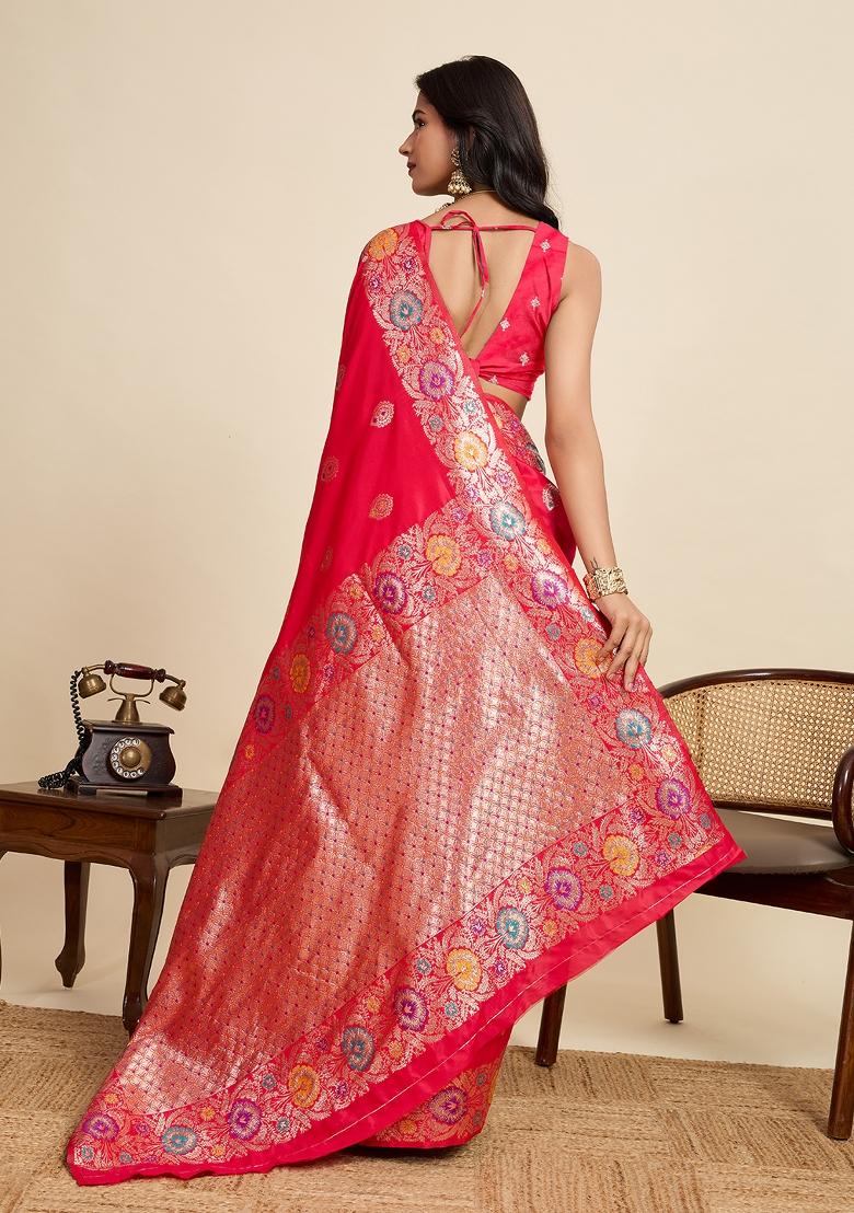 Red Woven Silk Blend Saree Set - Indya