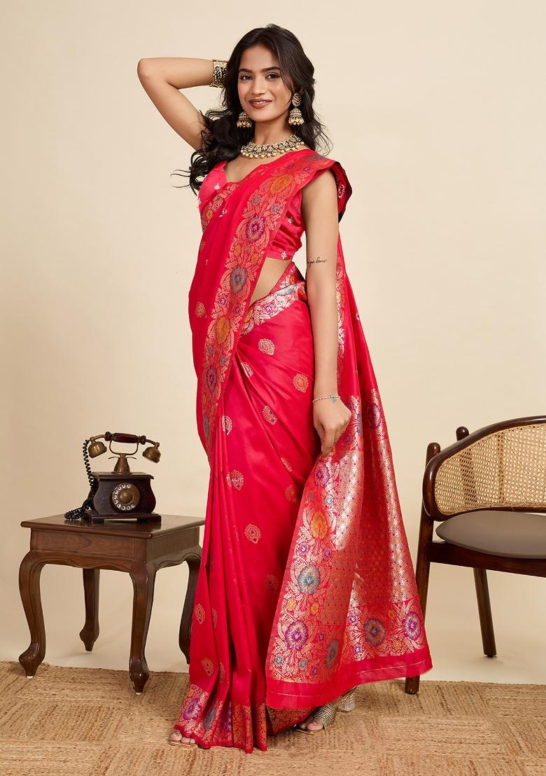Red Woven Silk Blend Saree Set - Indya
