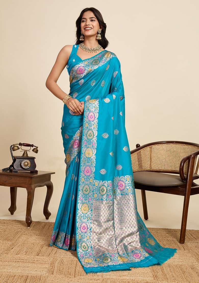 Blue Woven Silk Blend Saree Set for Diwali | Wedding & Festive Wear - Indya