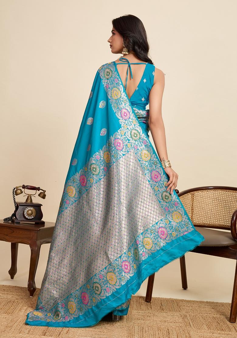 Blue Woven Silk Blend Saree Set - Indya