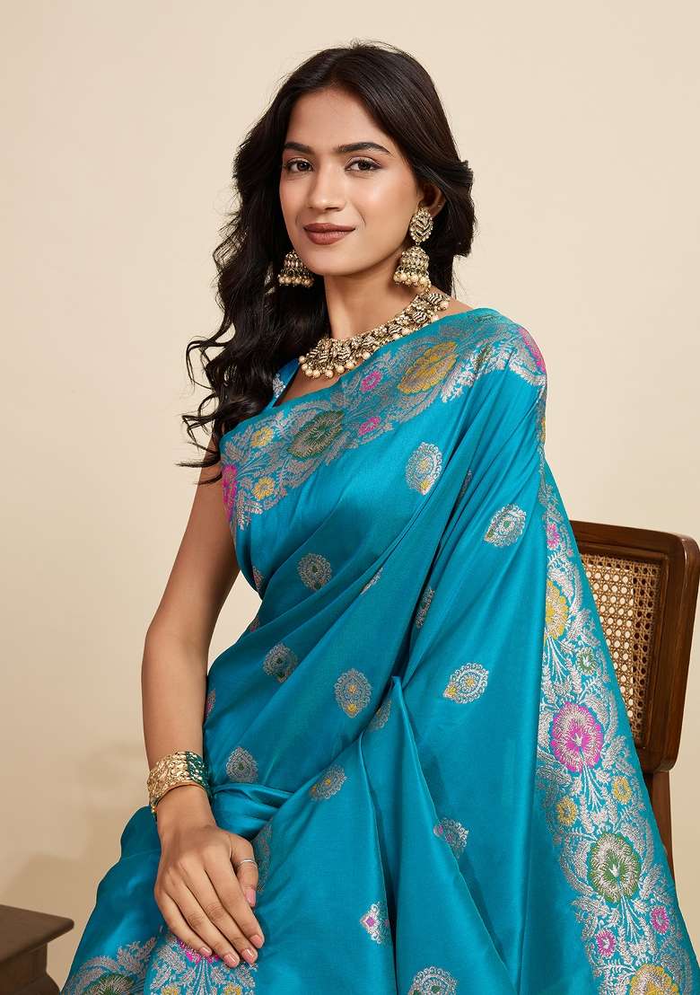 Blue Woven Silk Blend Saree Set for Diwali | Wedding & Festive Wear - Indya
