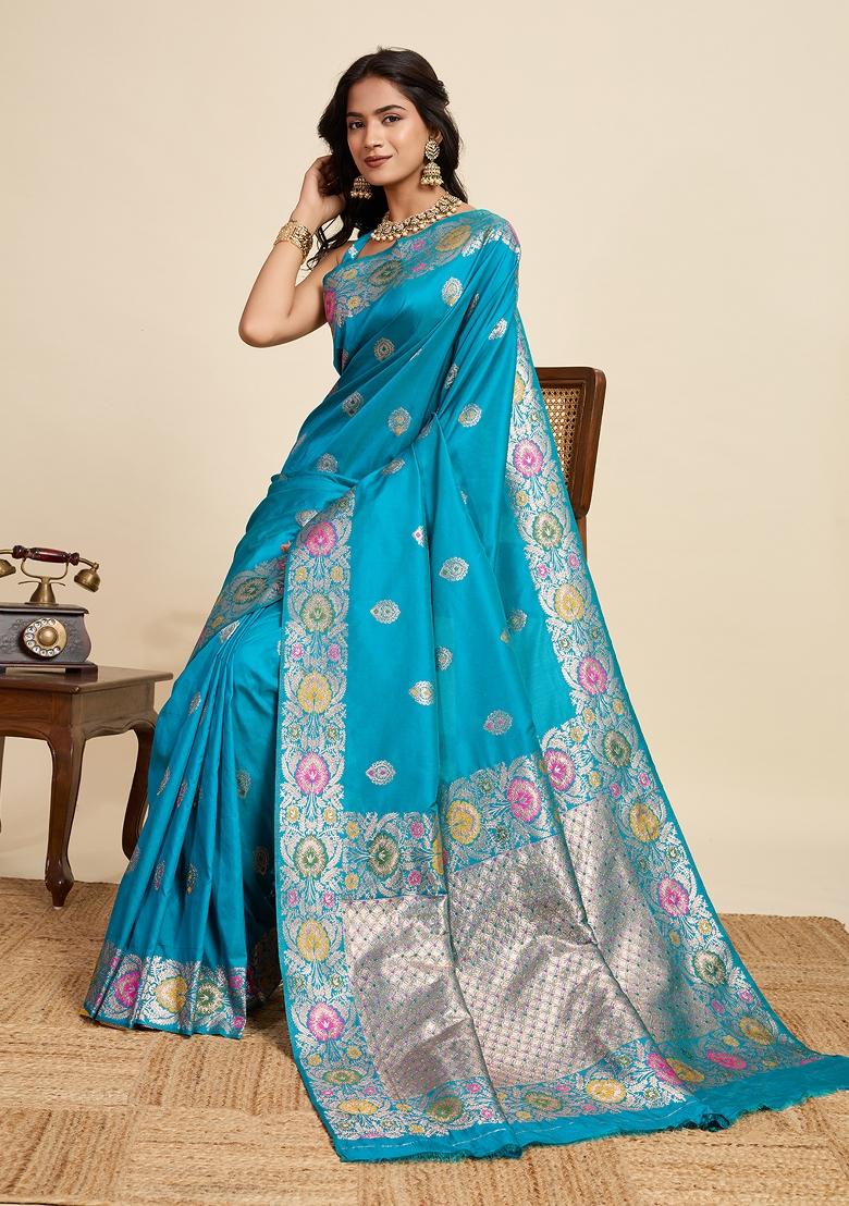 Blue Woven Silk Blend Saree Set - Indya